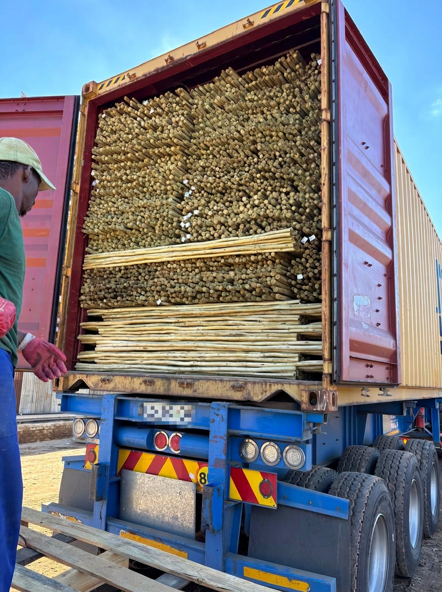 Treated timber stakes being loaded for container export