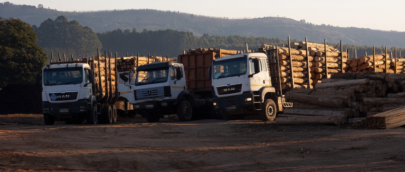 Log trucks loaded with timber at the Timba Sawmill yard